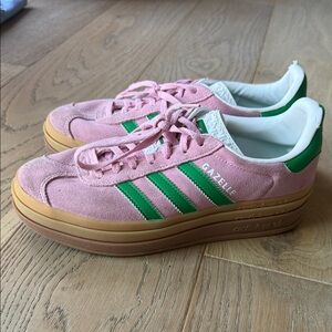 adidas Pink Suede Sneakers with Green Stripes and Gum Sole